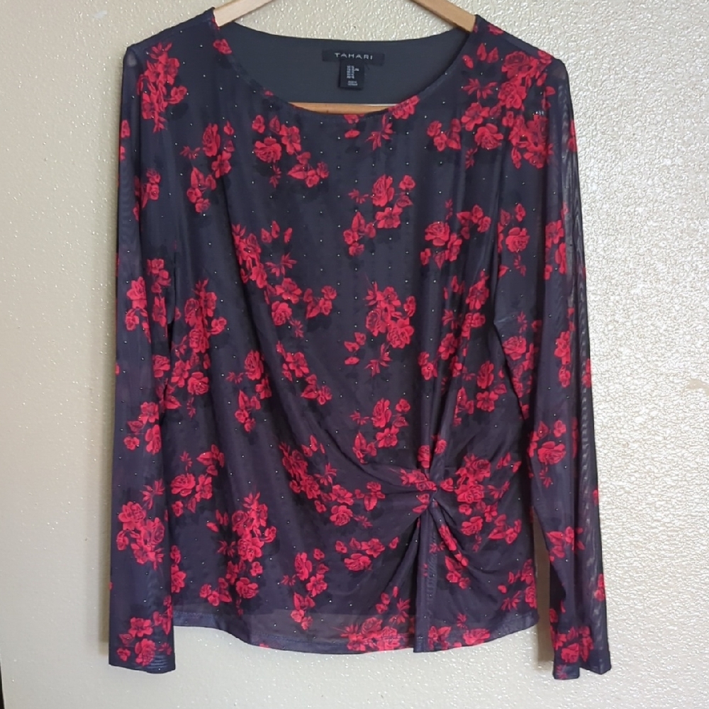 Tahari Women's Black and Red Floral Blouse